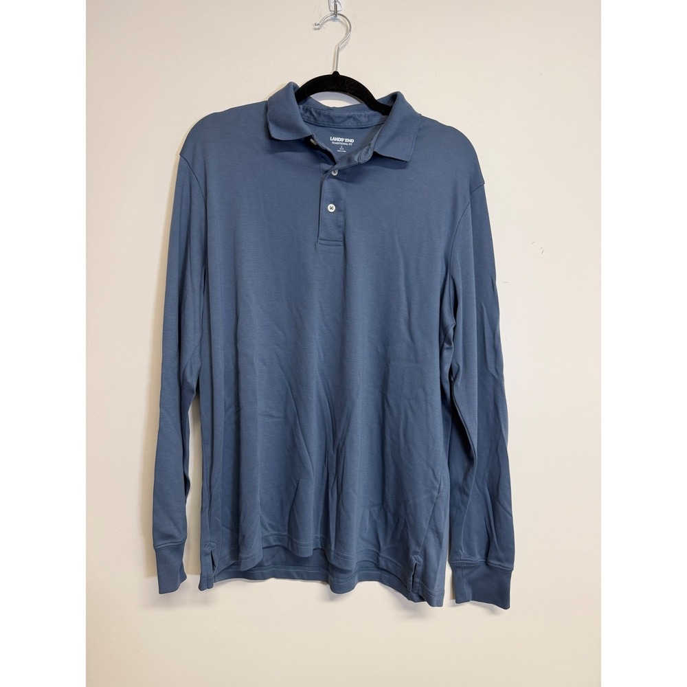 Lands' End, Solid Blue, Long Sleeve Polo‎ Collar Shirt, Men's Size L (42-44)